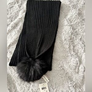 Calvin Klein Black Ribbed Scarf with Faux Fur Pom